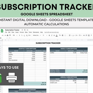 May include: A Google Sheets spreadsheet template for tracking monthly, weekly, and annual subscriptions. The spreadsheet includes columns for name, amount, and renewal date. The spreadsheet also includes a summary section for total weekly and annual spending.