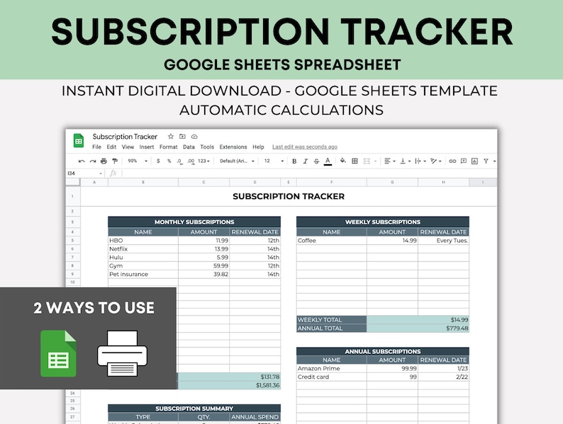 Pu&ograve; includere: Un modello di foglio di calcolo di Google Sheets per tenere traccia degli abbonamenti mensili, settimanali e annuali. Il foglio di calcolo include colonne per il nome, l'importo e la data di rinnovo. Il foglio di calcolo include anche una sezione di riepilogo per il totale delle spese settimanali e annuali.