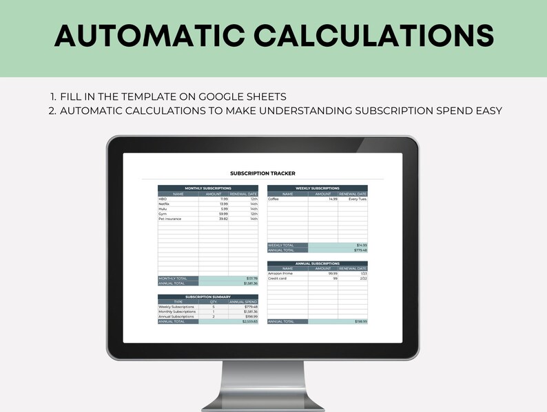 Pu&ograve; includere: Uno schermo di computer che mostra un modello di foglio di calcolo di Google per tenere traccia degli abbonamenti mensili e settimanali. Il modello include colonne per il nome, l'importo, la data di rinnovo e il totale. Il foglio include anche una sezione di riepilogo degli abbonamenti con i totali degli abbonamenti settimanali, mensili e annuali.