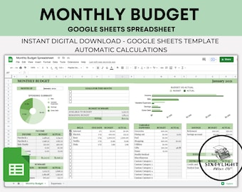 Google Sheets Monthly Budget Template, Automatic Calculations (Digital Download)