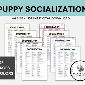 May include: Printable puppy socialization checklist with eight different colored pages. The checklist includes categories for surfaces, environments, and physical stimuli.