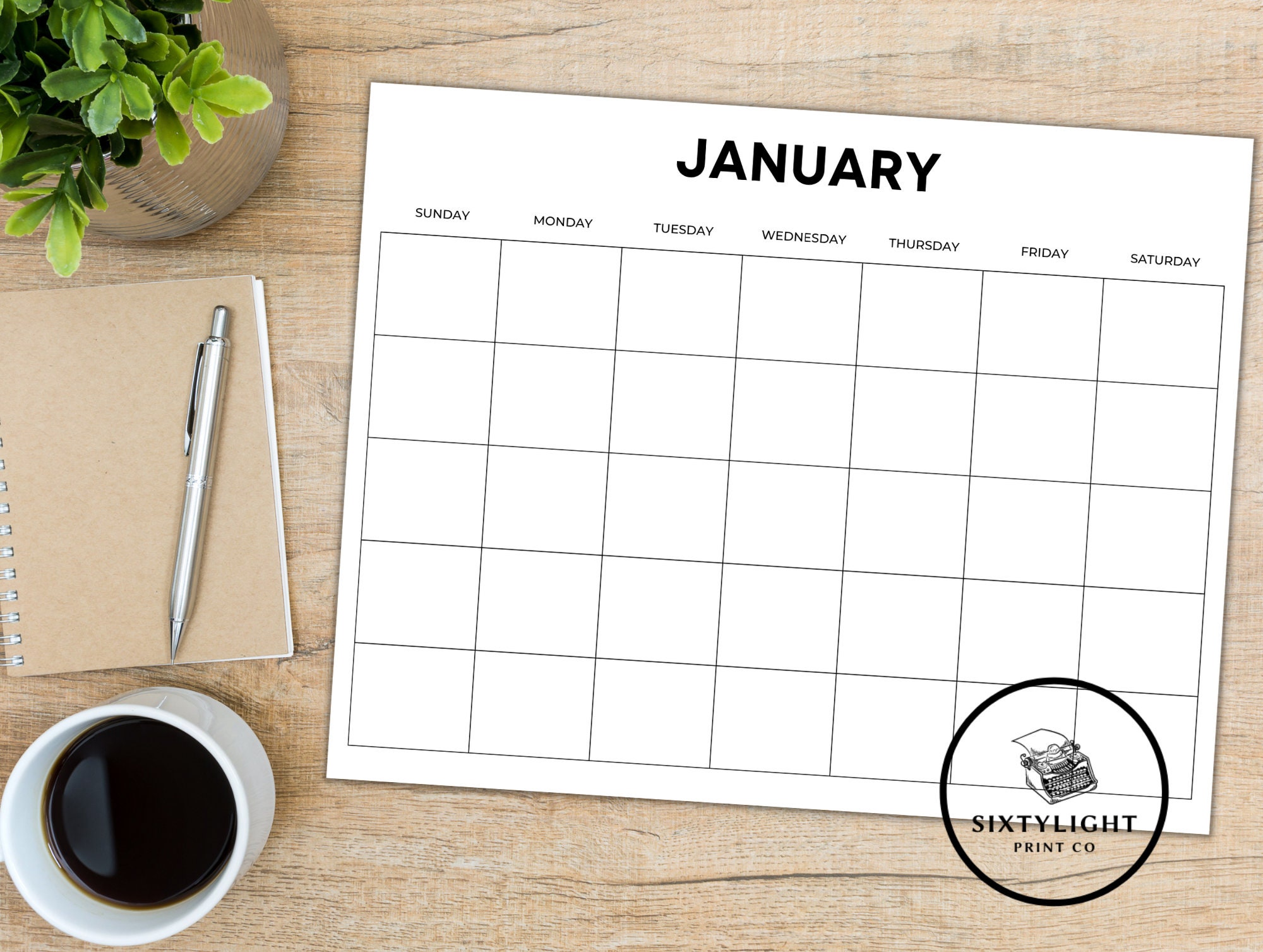 Blank Monthly Calendar, Minimalist Calendar, Simple Calendar, Calendar ...