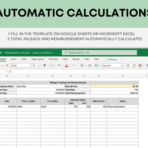 May include: Screenshot of a mileage tracking template in Microsoft Excel. The spreadsheet shows automatic calculations for mileage and reimbursement. Text at the top reads "AUTOMATIC CALCULATIONS". The template includes fields for employee name, dates, and mileage.