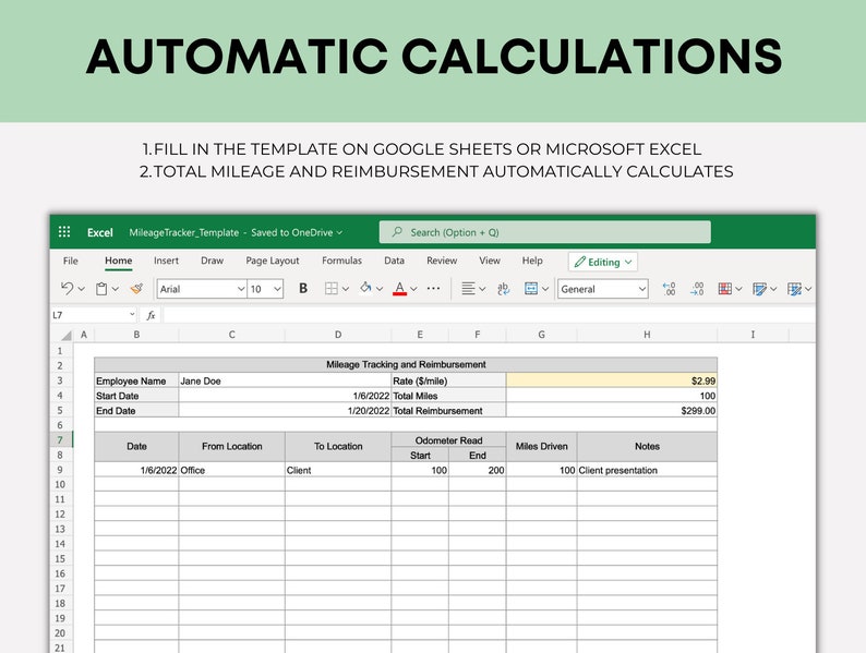 May include: Screenshot of a mileage tracking template in Microsoft Excel. The spreadsheet shows automatic calculations for mileage and reimbursement. Text at the top reads "AUTOMATIC CALCULATIONS". The template includes fields for employee name, dates, and mileage.