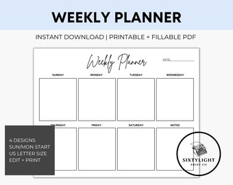 Planner settimanale minimalista stampabile, formato lettera USA (download digitale)
