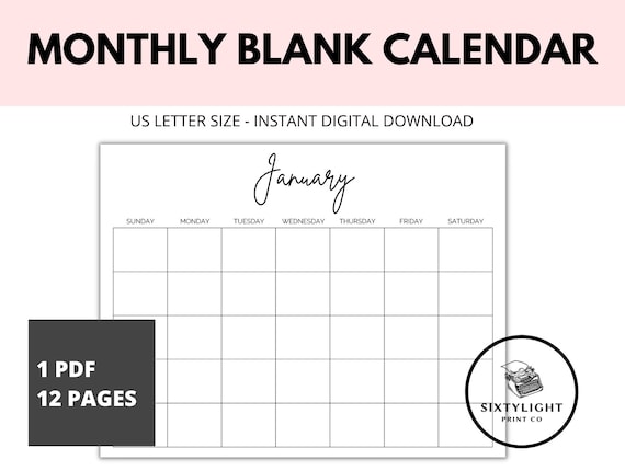 Monthly Blank Calendar, Printable Calendar, Printable Monthly Calendar, Simple  Calendar, Calendar Printable, Printable Calendar Pages - Etsy