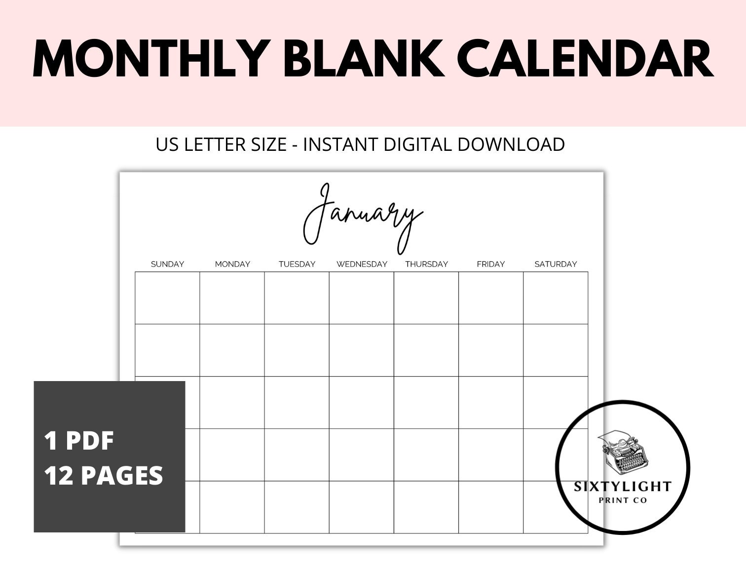 Monthly Blank Calendar, Printable Calendar, Printable Monthly Calendar ...