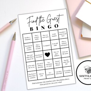 ゲストを探すビンゴ、ブライダルシャワーゲーム、ベビーシャワーゲーム、ビンゴゲーム、印刷可能なビンゴ