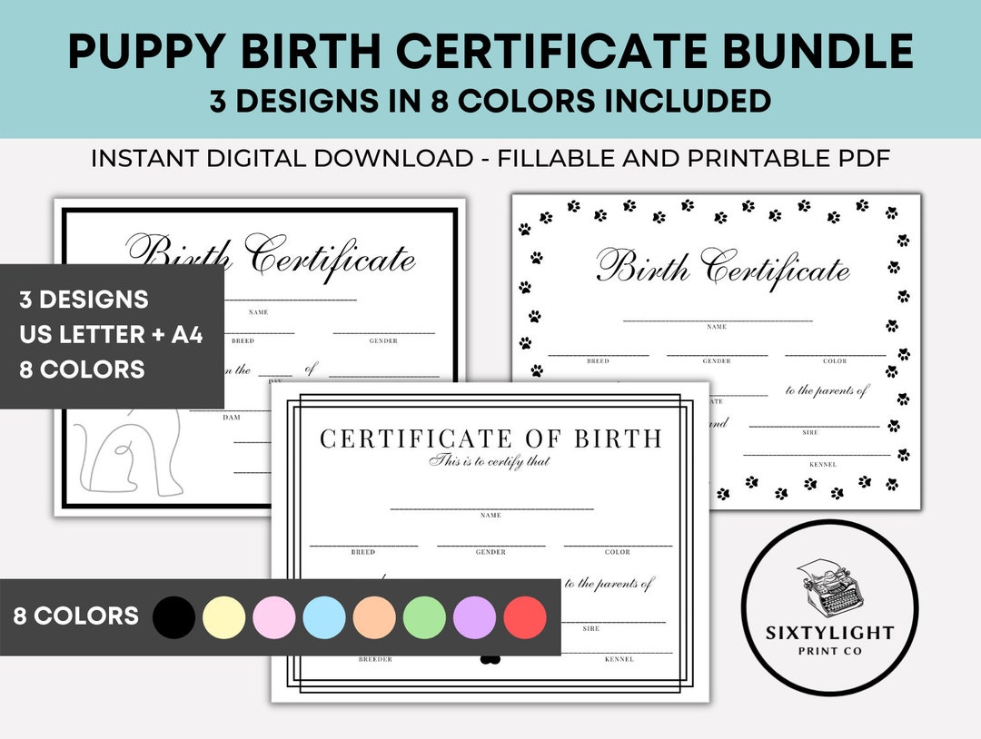 Puppy Birth Certificate Printable Bundle, Breeder Birth Form, Dog Birth ...