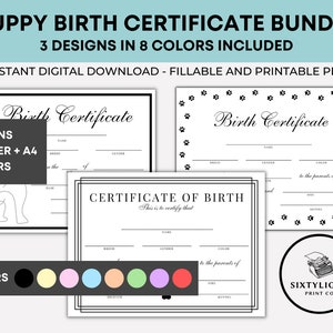 Certificato di nascita del cucciolo Pacchetto stampabile, Modulo di nascita dell'allevatore, Certificato di nascita del cane, Certificato di nascita dell'animale domestico, Certificato di nascita, Allevatore di cani