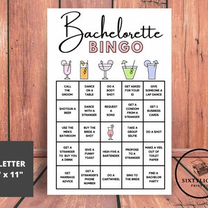 May include: A printable bachelorette bingo card with a pink and white title and a grid of 25 squares. Each square contains a different activity or event that could happen at a bachelorette party. The card is 8.5 inches by 11 inches.
