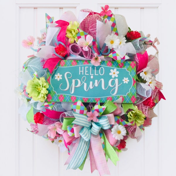 Hello Spring Door Decor, Colourful Front Door Wreath, Springtime Floral Wreath, Vibrant Spring Flowers Wreath, Teal Pink Deco Mesh Decor