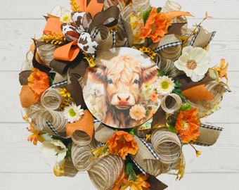 Adorable Highland Cow Door Decor, Highland Cow Floral Deco Mesh Wreath, Gift for Highland Cow Lover, Whimsical Country Farm Wreath