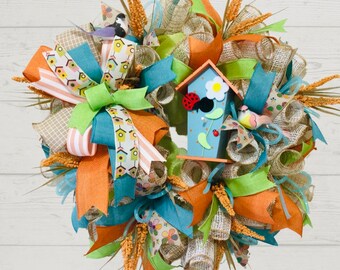 Summer Wreath for front door with Birdhouse, Bird House Wreaths, Orange and Blue Door Decor, Colorful Summer Wreath, Garden Patio decor