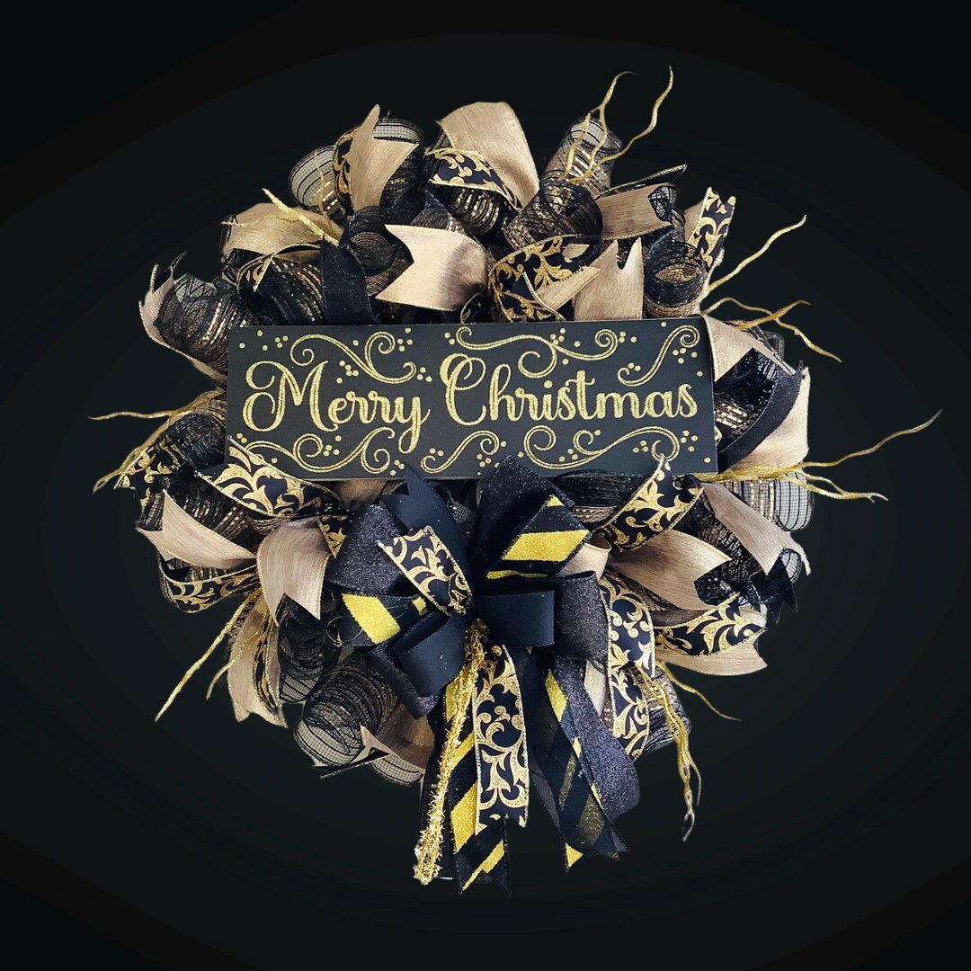 Black & Gold Christmas Wreath, Merry Christmas Door Decor, Elegant