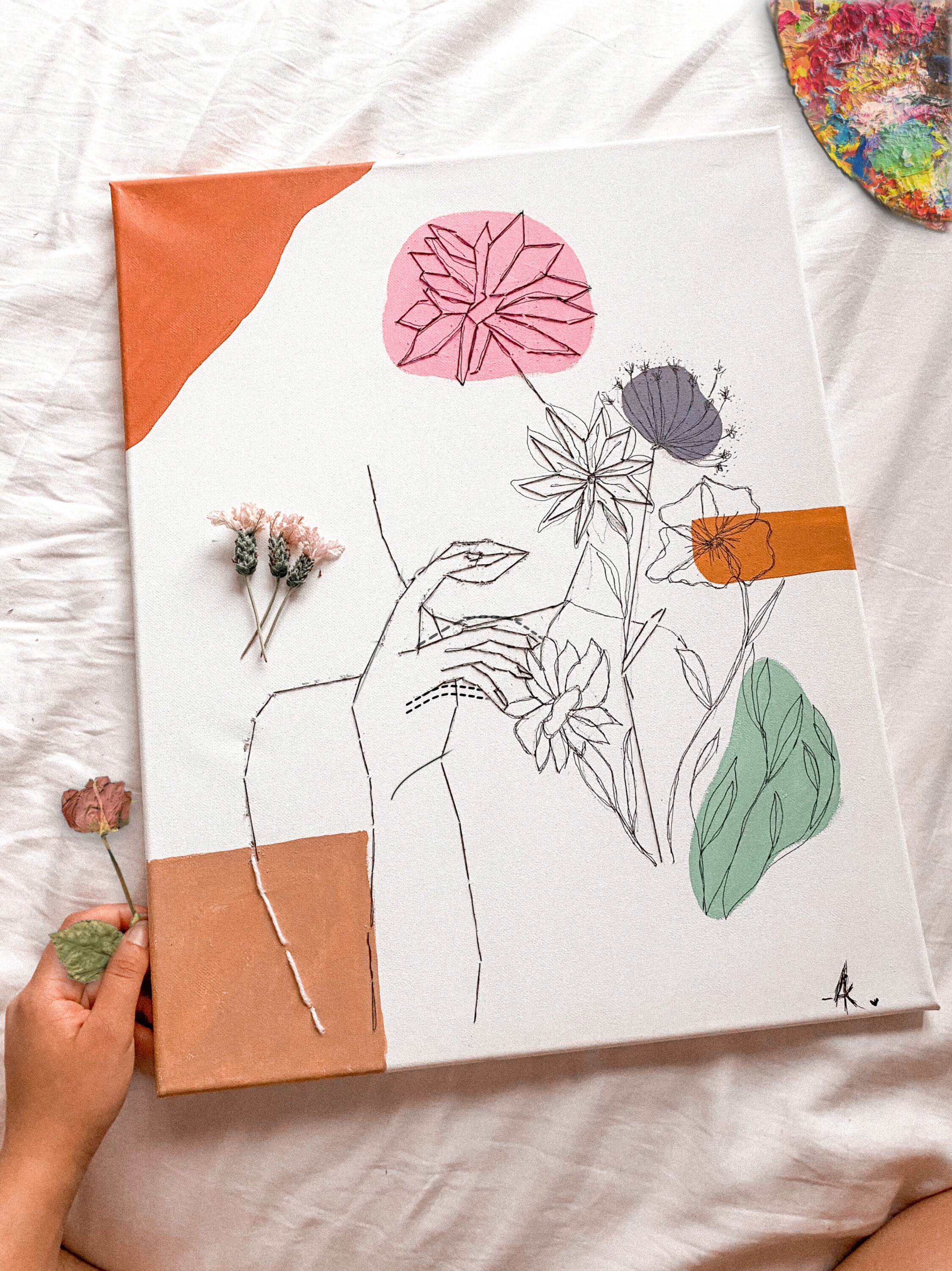 Line Art Canvas Embroidery Acrylic Bohemian Theme Painting Etsy