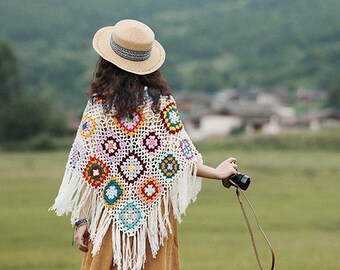 Women's Fringed Colorful Shawls Boho Fringed Crochet Shawls