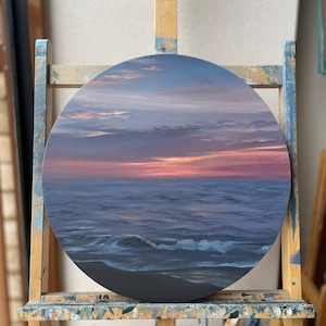 Original 16x16” oil painting ‘First Light’ on stretched canvas - sunset painting, beach art, ocean oil painting