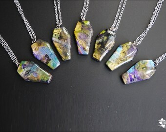 OOAK Coffin Pendants - Faux Labradorite Crystal Polymer Clay Necklace - Goth Jewellery - Resin Domed - Stainless Steel Chain - Unusual Piece