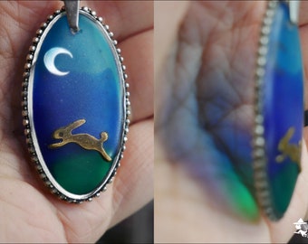 Ostara Gift Hare Necklace Crescent Moon Pendant - Wiccan Pagan Jewellery - Faux Matte Resin Stain Glass / Sea Glass Effect - Easter Present