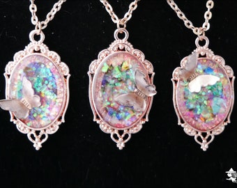 Rose Gold Cottagecore / Cottage Witch Fantasy Butterfly Magical Glittery Pink Flash Faux Opal Resin Necklace Pastel Butterflies Pendant