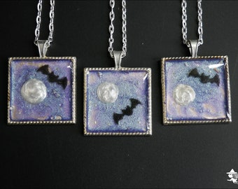 SECONDS Hand painted Bat Evening Scene with Moon Pendant / Night Necklace - Cute Goth or Halloween Jewellery -  Blue 1" Square Resin Coated