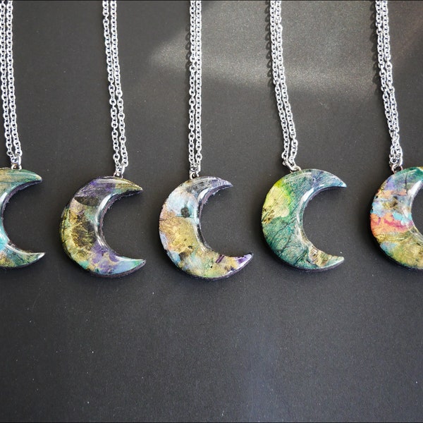 OOAK Moon Pendants - Faux Labradorite Crystal Polymer Clay Necklace - Goth Jewellery - Resin Domed - Stainless Steel Chain - Unusual Piece