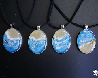 LARGE Real Sea Shell & Resin Beach Necklace - Wearable Art - Silver Colour Oval Bezel OOAK Summer Jewellery / Ocean Pendant - Wave Effect
