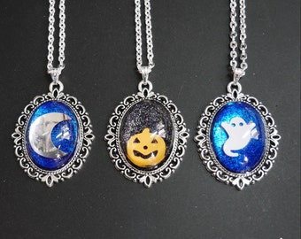 Glass Dancing Spooky Necklace Dome Cabochon Pendants - Resin Pigment Colour - Goth / Gothic Jewellery / Halloween - Cat Moon Pumpkin Ghost