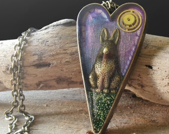 Steampunk Hare Ostara Pendant Scene Antique Bronze Heart Necklace Metallic Purple Resin Jewellery - Unique Wearable Art - Easter Rabbit
