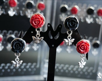 Bee & Black and Red Rose Earrings Hypoallergenic Stainless Steel Stud Posts / Bumble Bee Jewellery Studs - Summer Fashion - Cute Goth Flower