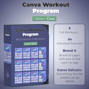 以下が含まれることがあります： 「Canva Workout Program」と「With Exercise Progressions」というテキストが書かれた青と白の箱。箱には、9つのフルワークアウトと54の個別エクササイズが含まれています。「Brand It」と「Brand all pages with your brand colors & logo」というテキストも表示されています。「Canva Editable」と「Everything, but the models can be edited」というテキストも表示されています。