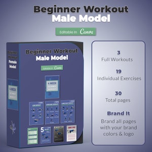 May include: A blue and white printable workout guide for beginners. The guide includes 3 full workouts, 19 individual exercises, and 30 total pages. The guide is editable in Canva and includes a sample workout plan with images of a person performing exercises.