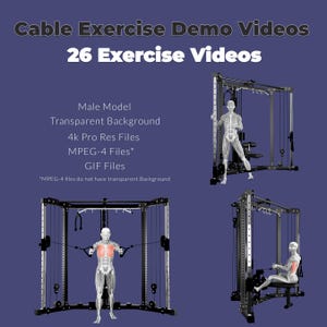 Puede incluir: Una colección digital de 26 videos de demostración de ejercicios de cable con un modelo usando una máquina de cables negra. El texto incluye Cable Exercise Demo Videos, 26 Exercise Videos, Male Model, Transparent Background, 4k Pro Res Files.
