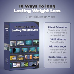 May include: A blue and black box with the text "10 Ways To Long Lasting Weight Loss" and "Client Education Video". The box is surrounded by a white border and has a picture of a person on the front. The text "Client Education" is in white on a blue background. The text "Educate your clients with a professionally designed video" is in white on a blue background. The text "18:23 Minutes Video Duration" is in white on a blue background. The text "Add Your Logo" is in white on a blue background. The text "Make it your own & add your logo" is in white on a blue background. The text "Customization" is in white on a blue background. The text "Full customization services available" is in white on a blue background.