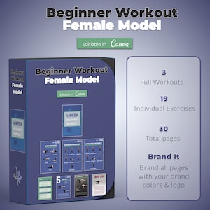 May include: A purple box with a white border and the text "Beginner Workout Female Model" on the front. The box contains a 4-week beginner workout plan with 3 full workouts, 19 individual exercises, and 30 total pages. The text "Brand It" is on the right side of the box with the text "Brand all pages with your brand colors & logo".