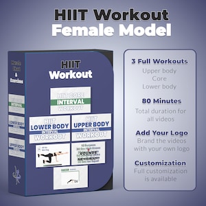 May include: A blue and white box with the text "HIIT Workout Female Model" on the front. The box contains three HIIT workout videos: HIIT Core Interval Workout, HIIT Lower Body Interval Workout, and HIIT Upper Body Interval Workout. The box also includes information about the workouts, such as the total duration and customization options.