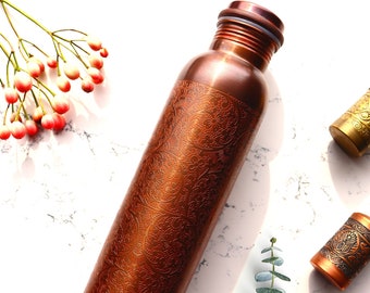 Handcrafted Pure Copper Water Bottle (Engraved) with Jute Carry Sleeve (& Felt Base) -950ml