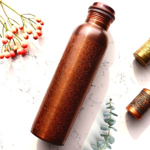 Handcrafted Pure Copper Water Bottle (Engraved) with Jute Carry Sleeve (& Felt Base) -950ml