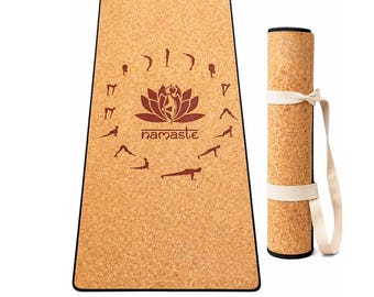Tapete de ioga de cortiça natural com alça e borda de tecido (base de EVA) 5 mm: 72 x 24 polegadas