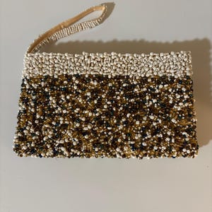 Vintage Beaded Clutch Bag – Hand Beaded Evening Purse with Wrist Strap, Gold White Blue Beads