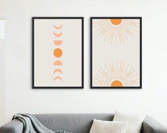 Sun and Moon Print, Art Print Set of Two, Boho Printable Wall Art, Boho Decor, Boho Nursery Decor, Bedroom Wall Decor, Above Bed Art