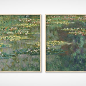 Water Lilies Flower Landscape Painting Set of 2 | Monet French Antique Botanical | Vintage spring floral painting | DIGITAL PRINT Wall Art