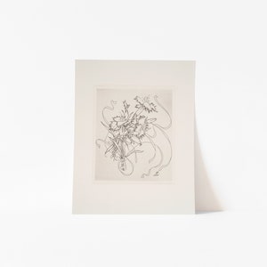 May include: A black and white line drawing of a bouquet of flowers with long, flowing stems. The flowers are stylised and have a delicate, whimsical feel.
