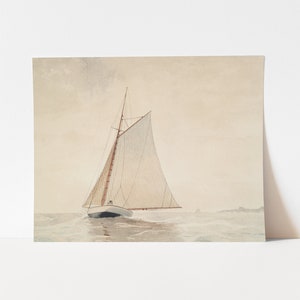 May include: A watercolor painting of a sailboat with white sails and a brown hull sailing on a calm sea. The sky is a light blue with a few clouds.