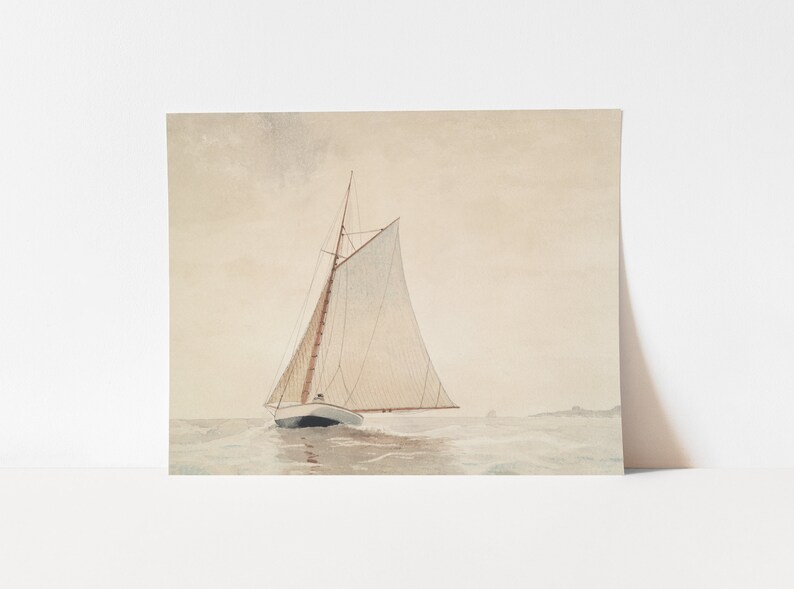 May include: A watercolor painting of a sailboat with white sails and a brown hull sailing on a calm sea. The sky is a light blue with a few clouds.