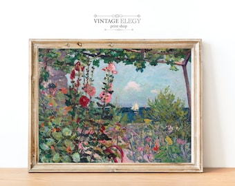 French Country Cottage Landscape Flower Garden Painting | French Antique Garden Print | Spring Landscape Painting | DIGITAL PRINT Wall Art