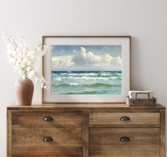 青い海 海 海岸 絵画 | ヴィンテージ フランス アンティーク 油絵