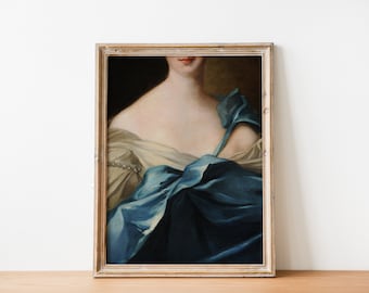 May include: A framed painting of a woman wearing a blue and white dress. The woman's face is not visible, but her neck and shoulders are visible. The painting is in a gold frame.