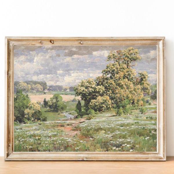 Vintage French Country Cottage Spring Wildflowers Meadow Poppies Landscape Print | French Antique Painting | Farmhouse Decor DIGITAL PRINT